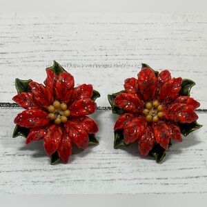 Vintage red Poinsettia Clip On Earrings Dimensional Circa 1980s